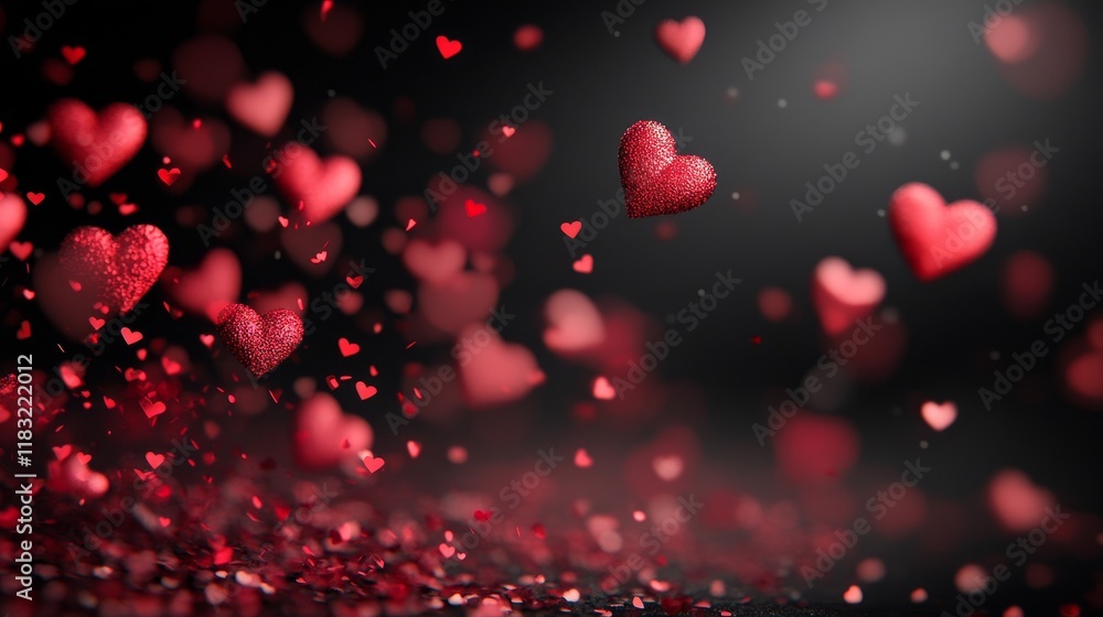 Aufkleber floating hearts like particles drifting through a solid black background, creating a minimal yet enc