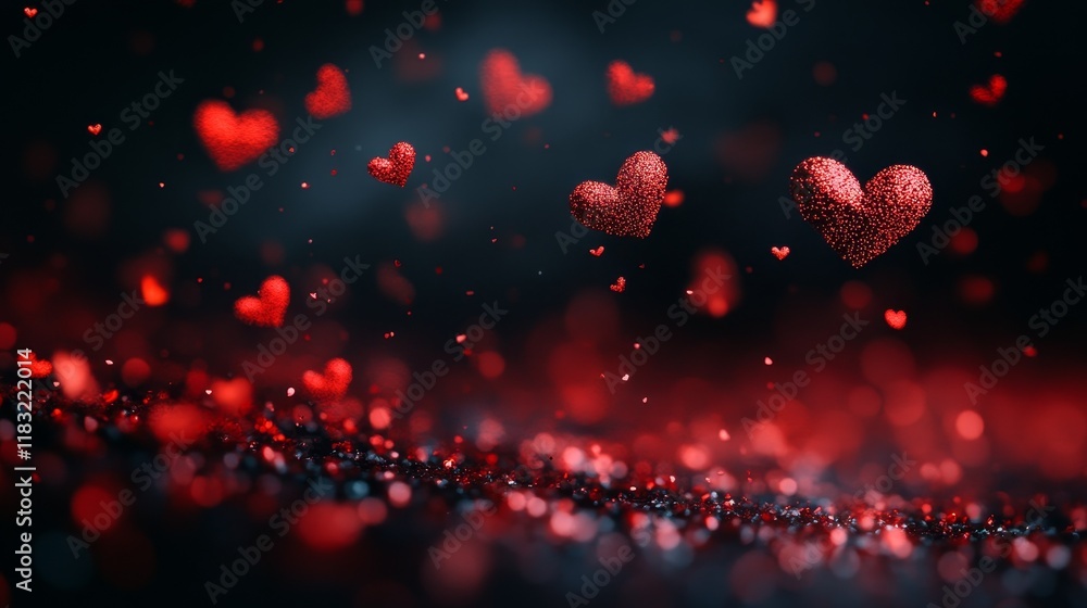 Poster floating hearts like particles drifting through a solid black background, creating a minimal yet enc