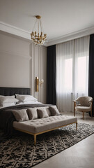 Fototapeta premium Designer modern bedroom in black and white tones with expansive windows stylish furniture and minimalist decor Contemporary Interior Design Inspiration