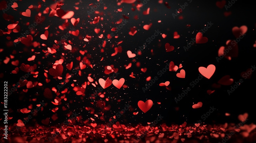 Aufkleber floating hearts like particles drifting through a solid black background, creating a minimal yet enc