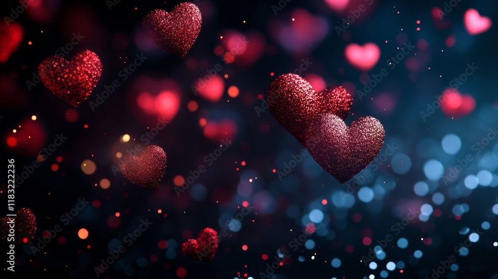 Aufkleber floating hearts like particles drifting through a solid black background, creating a minimal yet enc