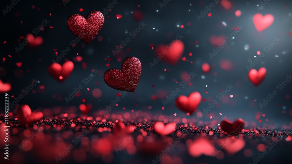 Poster floating hearts like particles drifting through a solid black background, creating a minimal yet enc