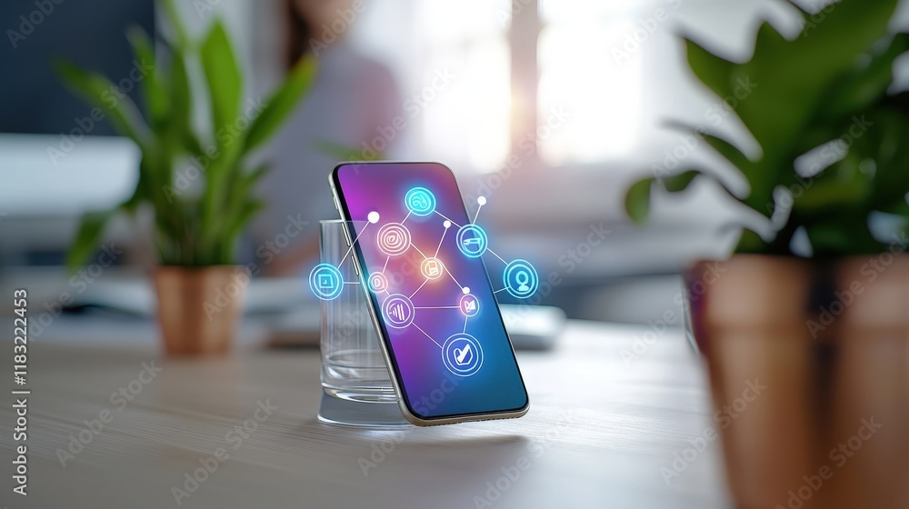 Poster A professional setup with a smartphone displaying pastel social media icons and new data analytics visuals