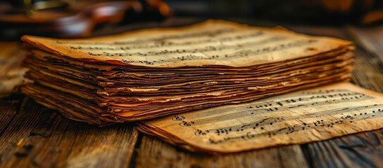 Stack of antique, aged sheet music on wooden surface.