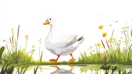 a 2D cartoon illustration of a happy goose walking near a pond, farm vibes, white background--ar 16:9