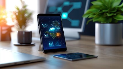 Fototapeta premium A professional office setup with a smartphone showing social media analytics