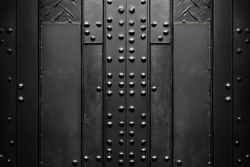 Fototapeta premium Black metal riveted door, dark background, industrial texture, design element
