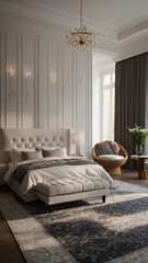 Luxurious black and white bedroom interior design with large windows stylish furniture and minimalist modern aesthetics Contemporary Interior Design Inspiration