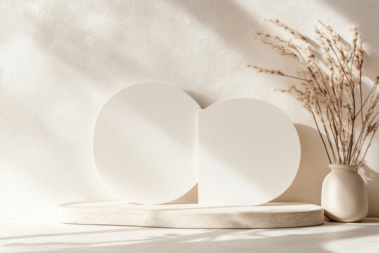 Minimalist white backdrop with dried flowers and platform