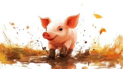 a 2D cartoon illustration of a piglet playing in a muddy puddle, cute and playful, white background--ar 16:9