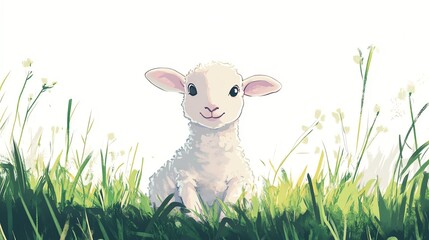Fototapeta premium a 2D cartoon illustration of a cute lamb sitting in the grass, springtime vibes, white background--ar 16:9