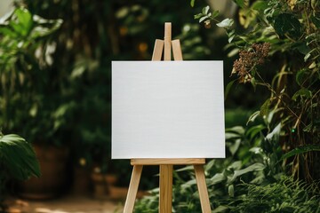 Blank Canvas on Wooden Easel in Lush Greenery