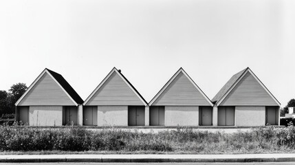 80.Four identical square-shaped houses with triangle roofs, each with plain siding and a single central door, arranged side-by-side in a straight row.