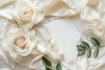 Elegant Cream Roses Blank Card Silk Draped Background