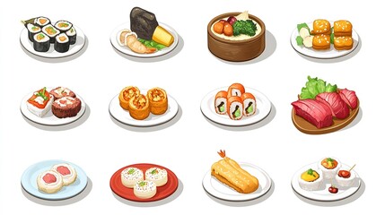 Set of flat food icons: pizza, burger, fruits, and more, isolated on white background.  