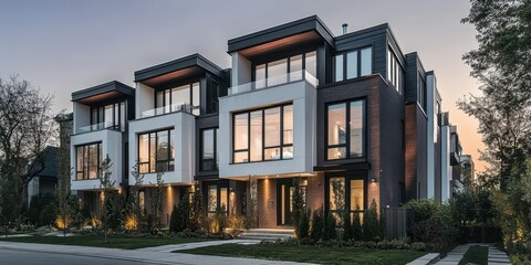 Naklejka premium Modern townhouses, twilight, urban architecture, glass facades, warm interior lighting, contemporary design, angular structures, geometric shapes, minimalist aesthetic, landscaped vegetation, upscale 