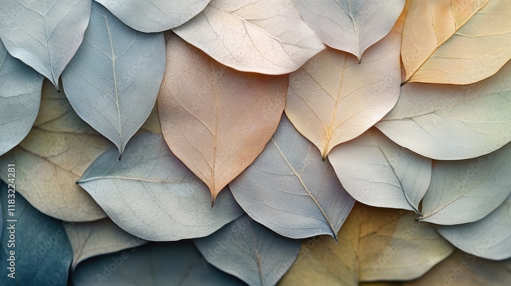 Poster a close-up of overlapping leaves in muted tones, creating a calming and natural texture