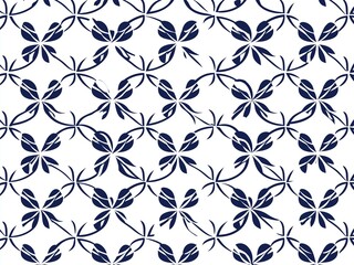 Fototapeta premium Seamless Traditional Japanese Navy Blue Leaf and Vine Pattern on White Background