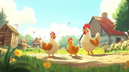 a 2D cartoon illustration of a happy chicken with a basket of eggs, fun and colorful, white background--ar 16:9