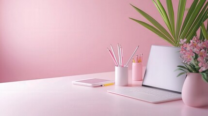 A workspace with soft hues and social media icons, emphasizing target audience reach in a uniquely professional manner