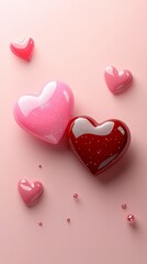 Obraz premium Minimalist hearts on a soft light pink background, creating an elegant Valentine’s Day design, symbolizing love, affection, romance, and connection in a simple and charming way.
