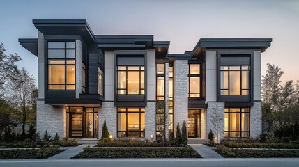 Fototapeta premium Modern townhouses, twilight, urban architecture, glass facades, warm interior lighting, contemporary design, angular structures, geometric shapes, minimalist aesthetic, landscaped vegetation, upscale 