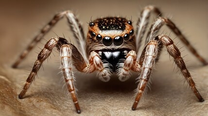Isolated macro closeup of a hairy brown arachnid spider on a white wooden surface