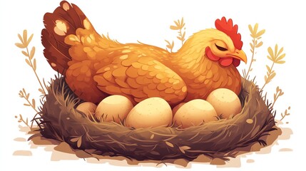 a 2D cartoon illustration of a hen laying eggs in a nest, farmyard scene, white background--ar 16:9