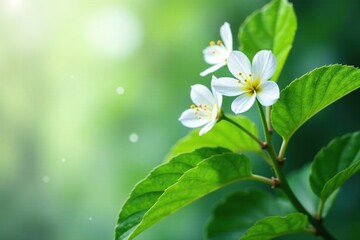 Delicate white blooms surround lush green chameleon leaves on a mysterious stem, stems, white flowers, botanical