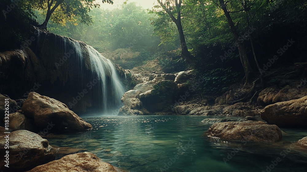 Poster tranquil waterfall cascading into a serene pool surrounded by lush greenery in nature