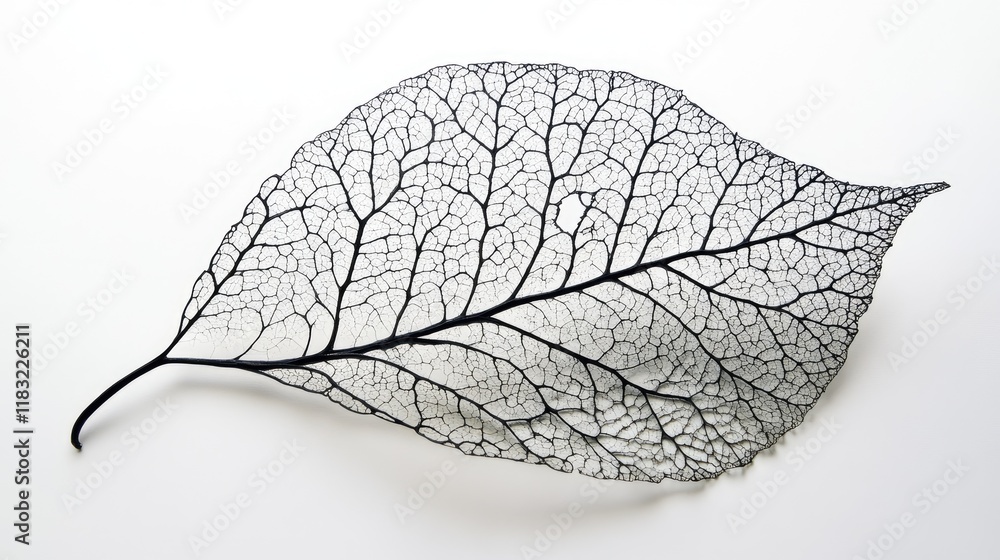 Poster a detailed macro of a leaf skeleton, with intricate vein patterns creating a delicate and artistic l