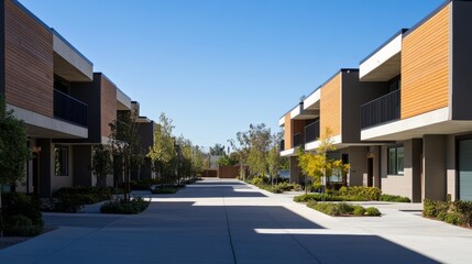 75.A set of four modern townhomes in a neatly aligned row, featuring minimalist architecture, clean landscaping, and a spacious shared parking lot.