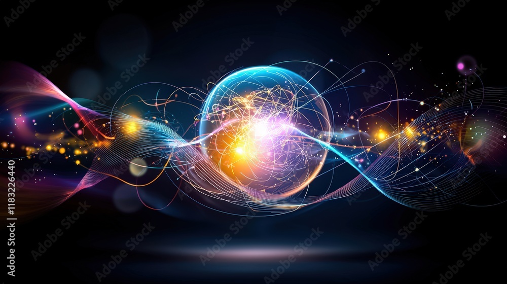 Poster abstract representation of quantum physics with overlapping geometric shapes and vibrant colors, qua