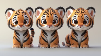 Three adorable cartoon tiger cubs sitting in a row.