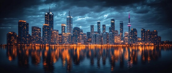 Night city skyline reflection, stormy sky. Urban landscape, travel