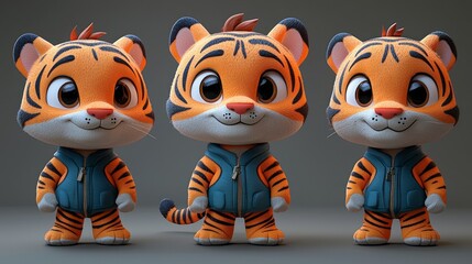 Fototapeta premium Three adorable cartoon tiger cubs in blue jackets, shown from different angles.