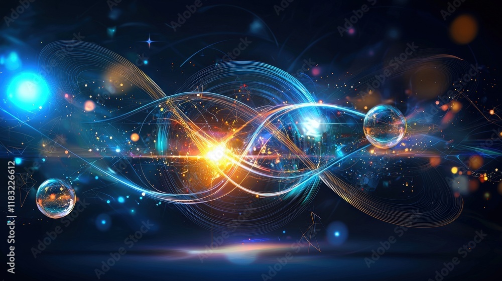 Poster abstract representation of quantum physics with overlapping geometric shapes and vibrant colors, qua