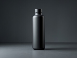 A vertically oriented matte black cylindrical bottle with a minimalist design, standing against a dark background, perfect for showcasing luxury or premium product packaging in the cosmetics.