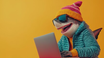 Shark in Winter Hat Uses Laptop