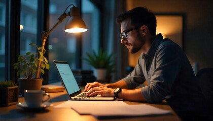 Man Working Late on Laptop at Night - Remote Work/Work From Home