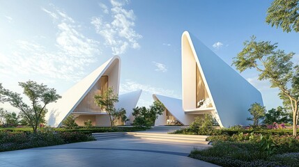102.A stunning twin house design with angled roofs, minimalist details, and an inviting garden, illuminated by sunlight and framed by the soft blue of a summer sky.