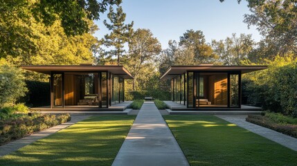 88.A side-by-side view of twin homes with symmetrical designs, expansive glass doors opening to private terraces, and soft afternoon light creating long shadows.
