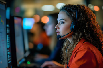 Call center agent with headset working on support hotline,  IT support, Call center, Technical support concept.