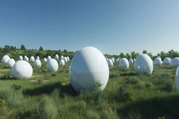 Unique white egg-shaped structures scattered across a green landscape under a clear blue sky