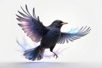 Obraz premium Black bird in flight, wings spread, ethereal glow.