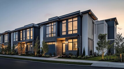 Modern townhouses, twilight, urban architecture, glass facades, warm interior lighting, contemporary design, angular structures, geometric shapes, minimalist aesthetic, landscaped vegetation, upscale 