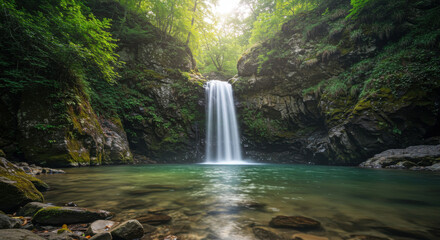 Fototapeta premium A pristine mountain waterfall cascading into a crystal-clear pool, surrounded by moss-covered rocks and dense foliage