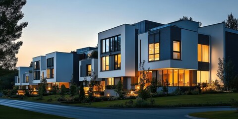 Obraz premium Modern townhouses, twilight, urban architecture, glass facades, warm interior lighting, contemporary design, angular structures, geometric shapes, minimalist aesthetic, landscaped vegetation, upscale 