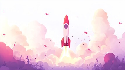 a 2D cartoon illustration of a startup rocket launching, entrepreneurship and innovation, white background--ar 16:9