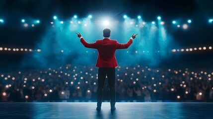 A speaker in a suit stands confidently on stage, addressing an audience. The spotlight creates a dramatic yet empowering atmosphere.